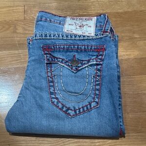 True Religion Men’s Medium Blue Denim Jeans with Red Contrast Stitching